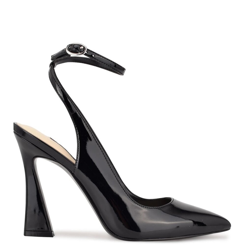 NIB NINE WEST Tabita 3 Ankle Strap Pointy Toe Black Patent Pumps Heels Sz 5 NEW